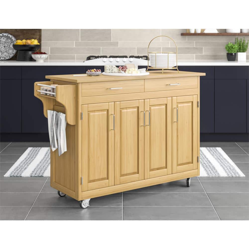 Natural Wood Kitchen Cart with Spice Rack and Storage