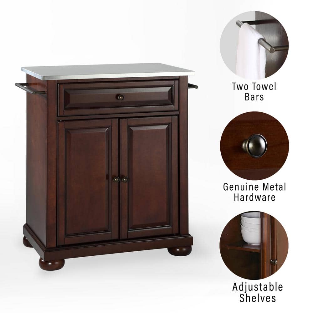 Mahogany and Stainless Steel Top Kitchen Island Cart
