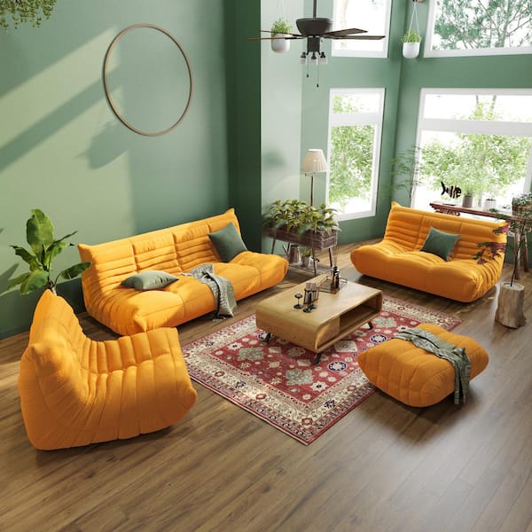68.9 in. W Armless Teddy Velvet 4-piece Modular Lazy Floor Sectional Sofa with Ottoman in Yellow