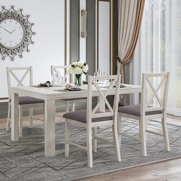 5-Piece Extendable Dining Table Set with Upholstered X-Back Chairs, Farmhouse Wood Top for Dining Room, Gray Set for 4
