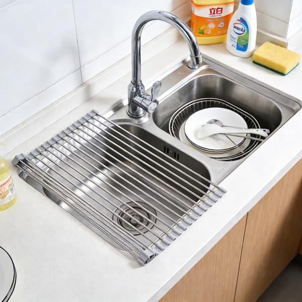 17.7 in. x 15.5 in. Foldable Stainless Steel Roll Up Dish Drying Dish Rack Over Sink for Kitchen Home, Silver