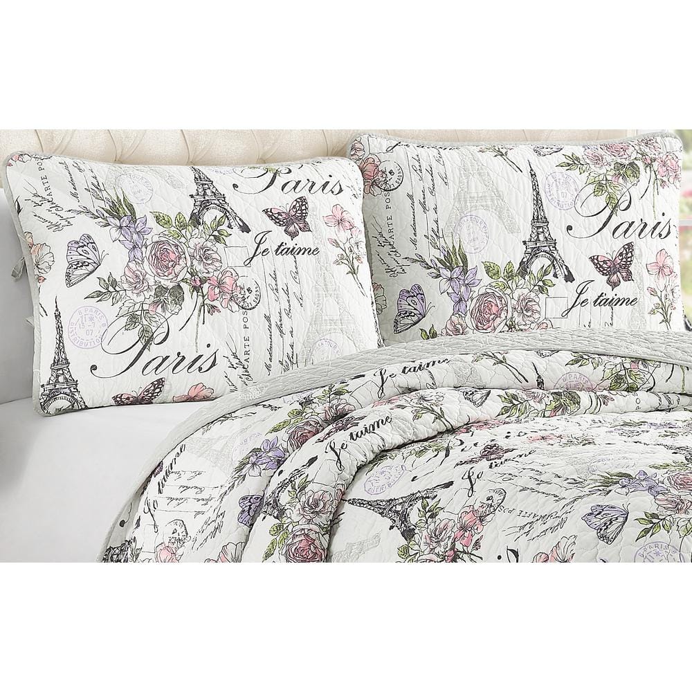 Paris Floral White Cotton Reversible King Quilt Set