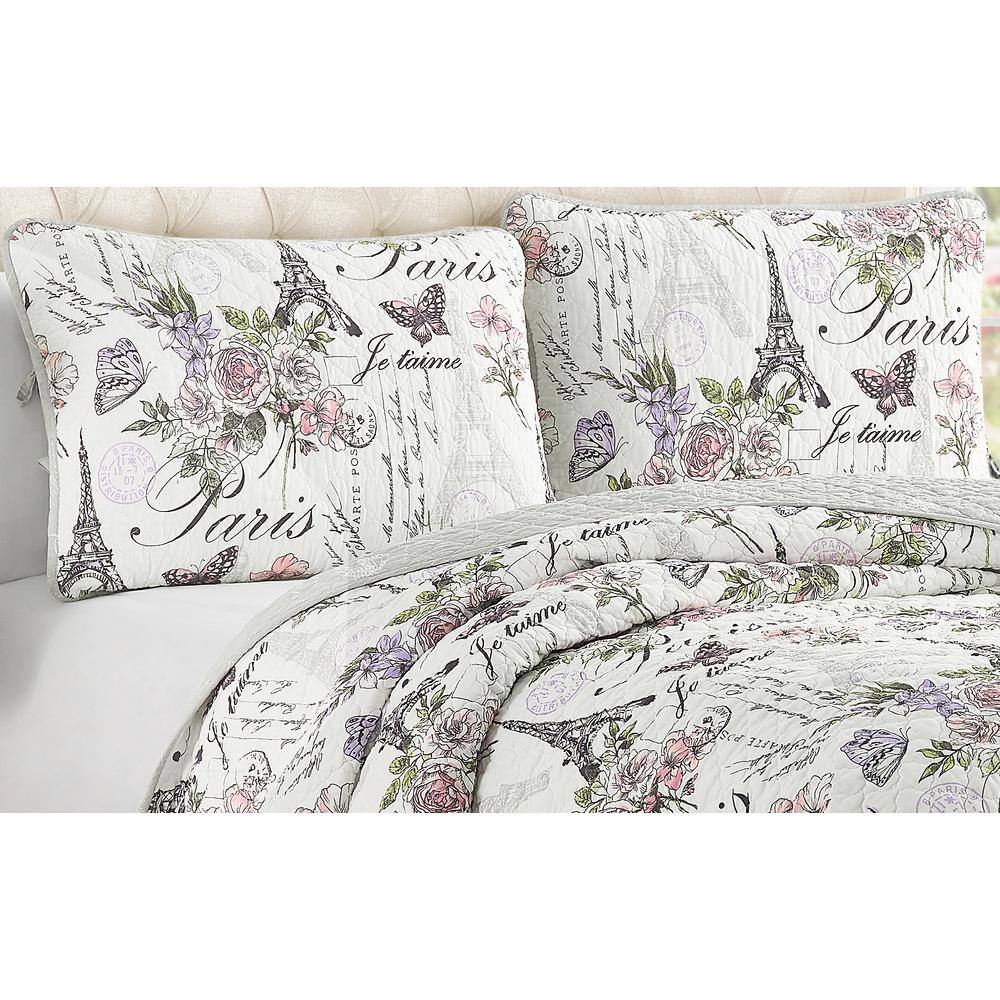 Gray and White Paris Floral Reversible Cotton Twin Quilt Set