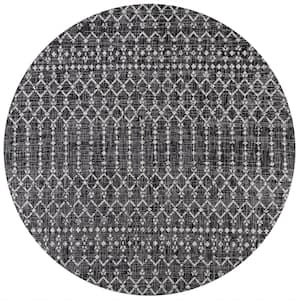Ourika Moroccan Geometric Textured Weave Black/Gray 5' Round Indoor/Outdoor Area Rug
