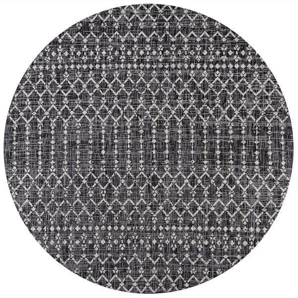 Ourika Moroccan Geometric Textured Weave Black/Gray 5' Round Indoor/Outdoor Area Rug