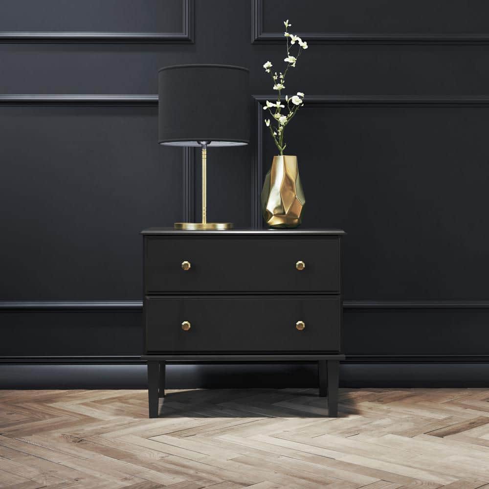 Lux Black 2 Drawer Nightstand with Gold Accents