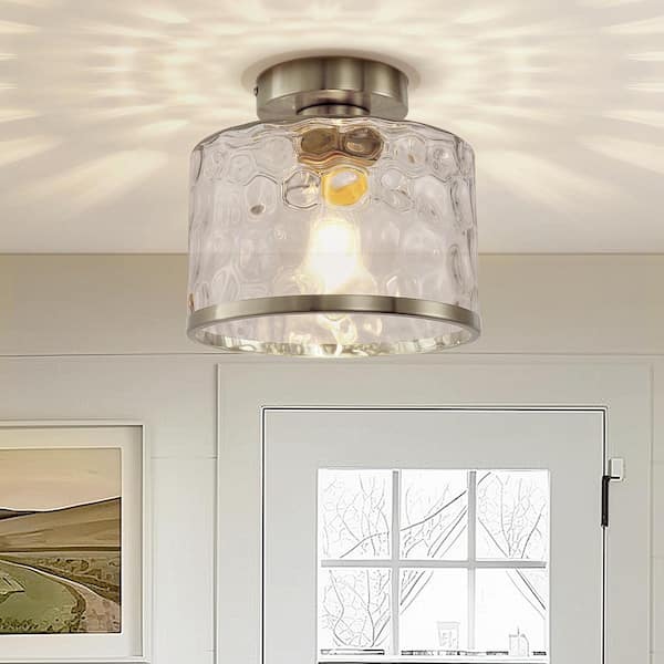 9 in. 1-Light Brushed Nickel Round Clear Glass Semi-Flush Mount with Water Glass Shade and No Bulbs Included 1-Pack