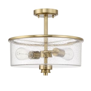 Bolden 18 in. 2-Light Satin Brass Convertible Semi-Flush Mount with Seeded Glass Shade and No Bulbs Included