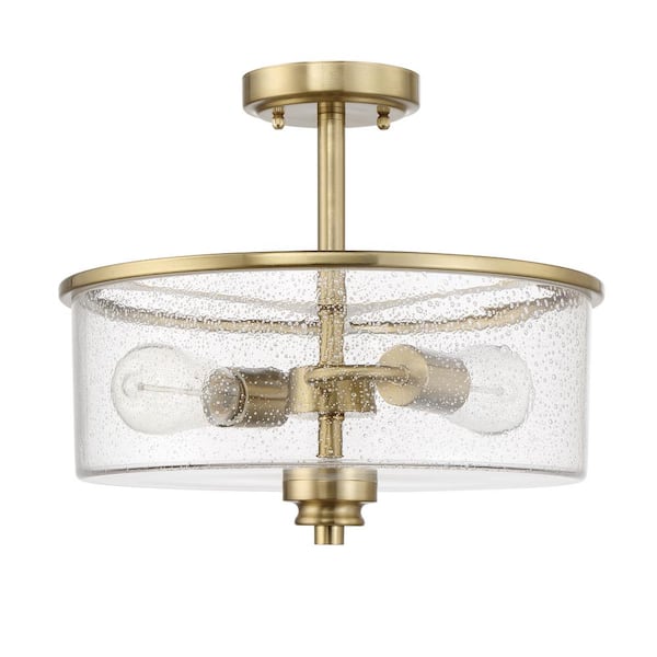 CRAFTMADE Bolden 18 in. 2-Light Satin Brass Convertible Semi-Flush Mount with Seeded Glass Shade and No Bulbs Included