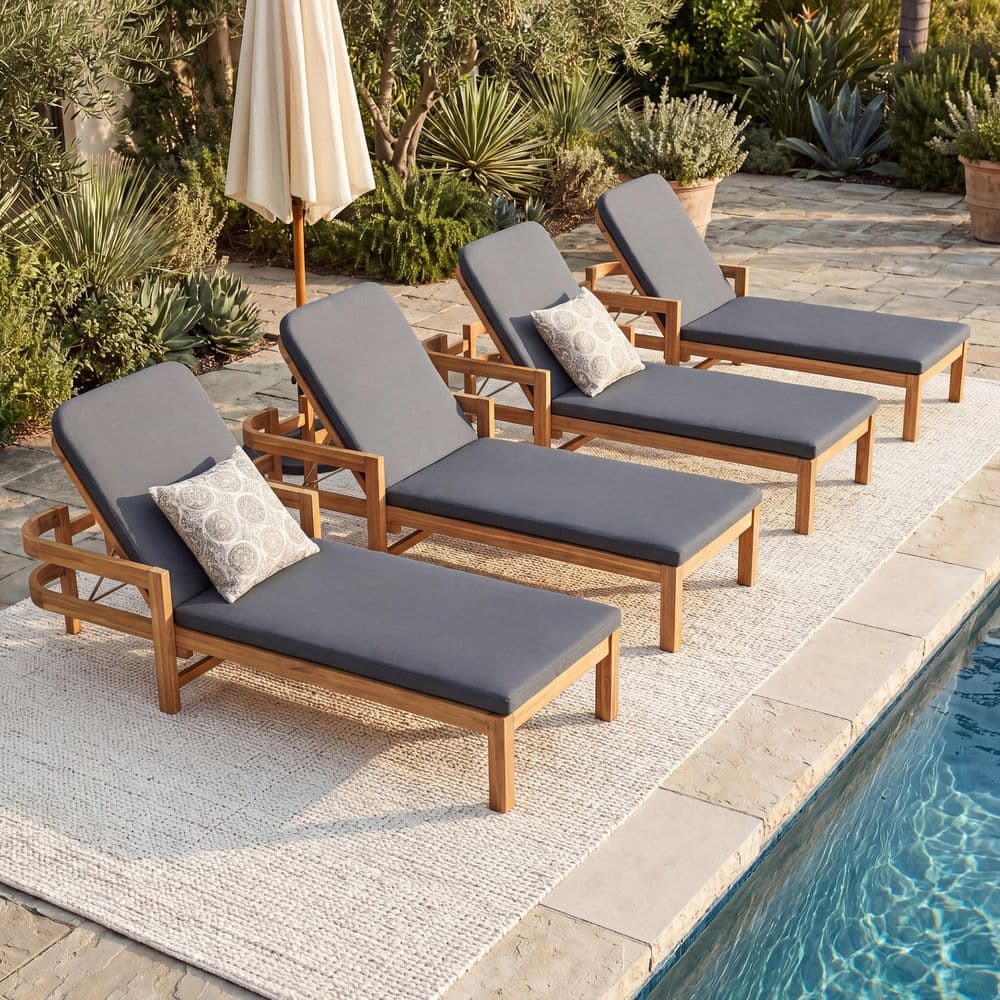 Colton Light Teak Finish Solid Wood Adjustable Outdoor Patio Chaise Lounge with Dark Gray Cushions, Set of 4 price history on PriceWatchPro