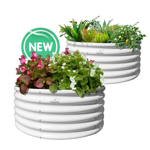 Cesicia 4 ft. x 4 ft. x 1.5 ft. Papyrus White Metal Outdoor Round Galvanized Raised Garden Bed For Vegetables (2-Pack)