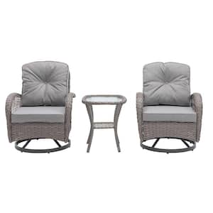 Chic Courtyard Gray 3-Piece Wicker Outdoor Bistro Set with Gray Cushions and 360° Rocking Chair, Tempered Glass Table