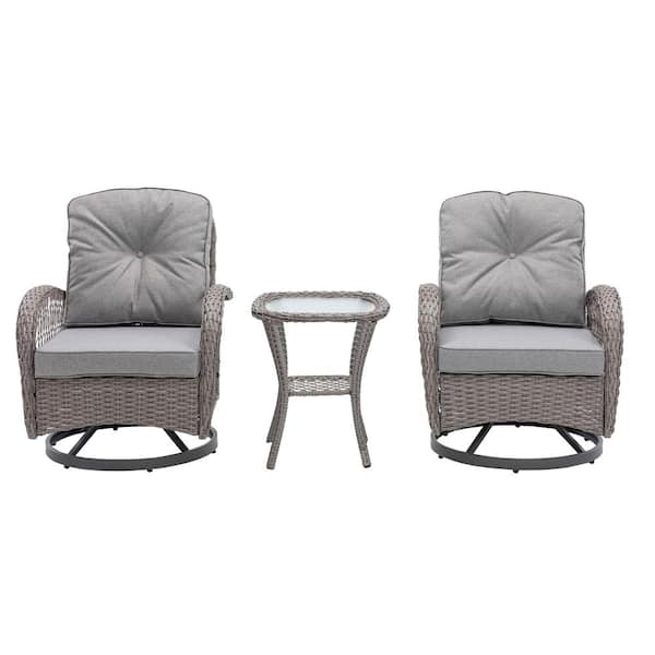 Nivencai Chic Courtyard Gray 3-Piece Wicker Outdoor Bistro Set with Gray Cushions and 360° Rocking Chair, Tempered Glass Table