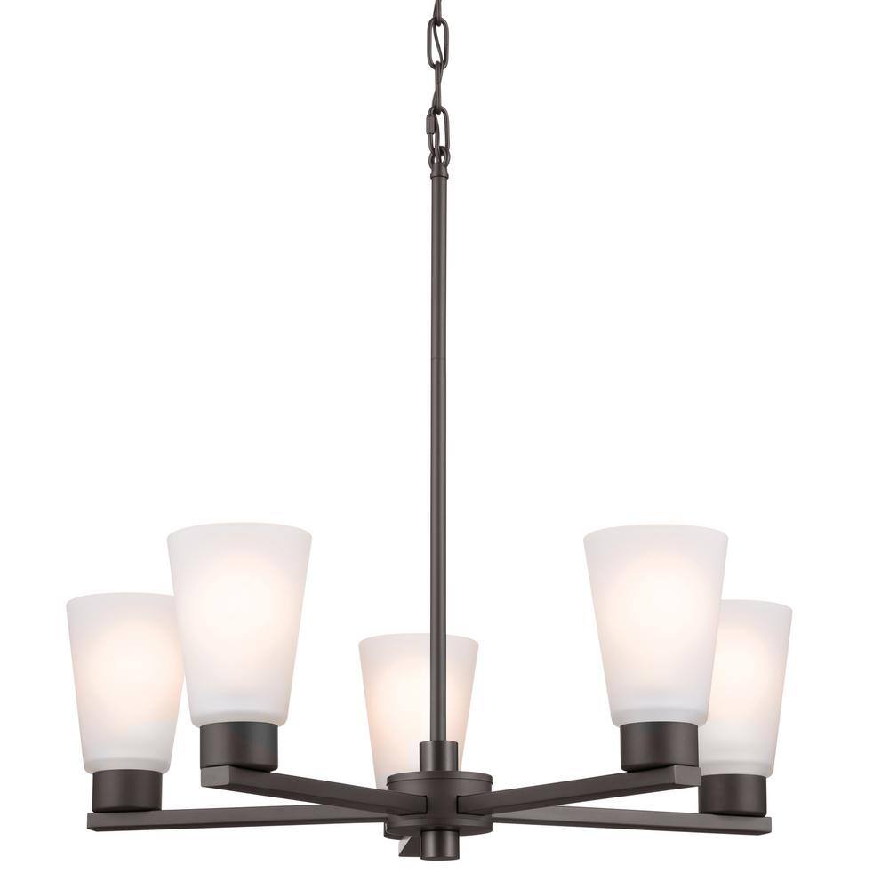Stamos 24" Olde Bronze 5-Light Chandelier with Satin Etched Glass Shades