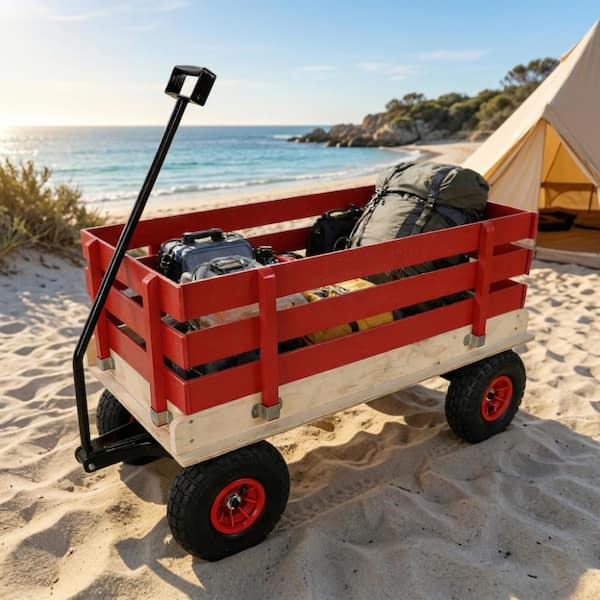 Red Wooden Wagon Cart with Folding Handle, Heavy Duty All-Terrain