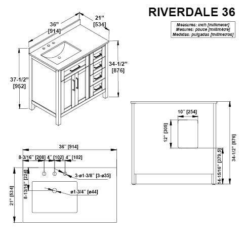 Riverdale 36 in. W x 21 in. D Vanity in White with a Carrara Marble Vanity Top in White with white Sink