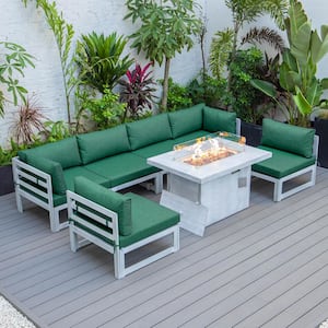 Chelsea Weathered Grey 7-Piece Aluminum Patio Fire Pit Set with Green Cushions