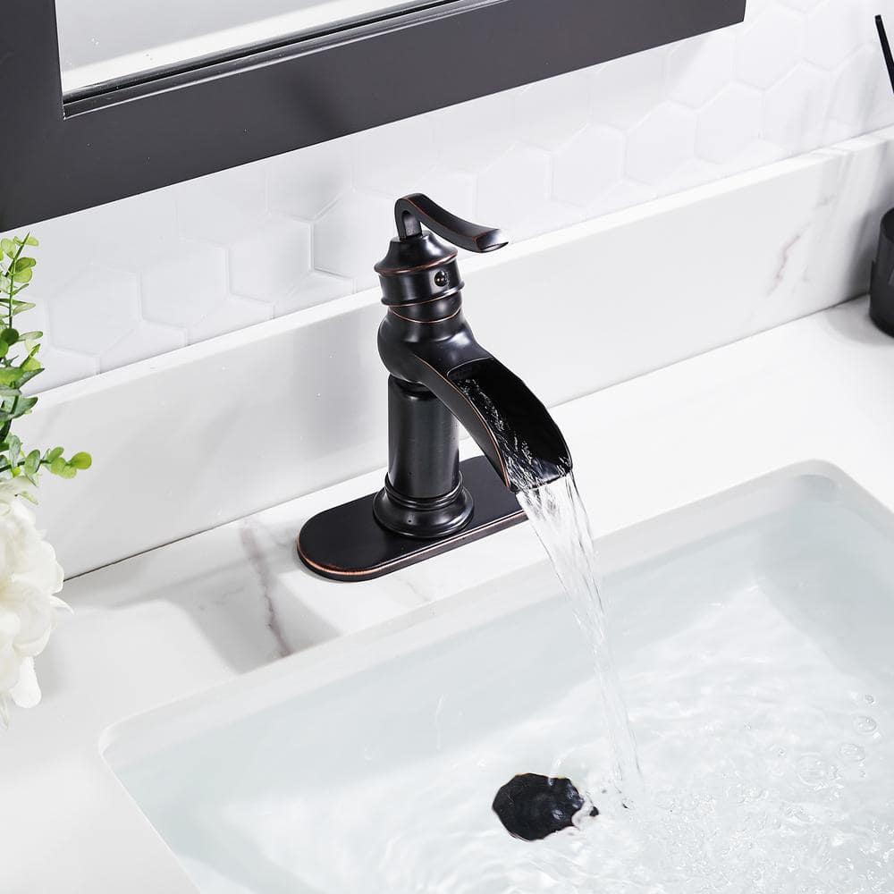 Oil Rubbed Bronze Waterfall Bathroom Sink Faucet with Pop-Up Drain