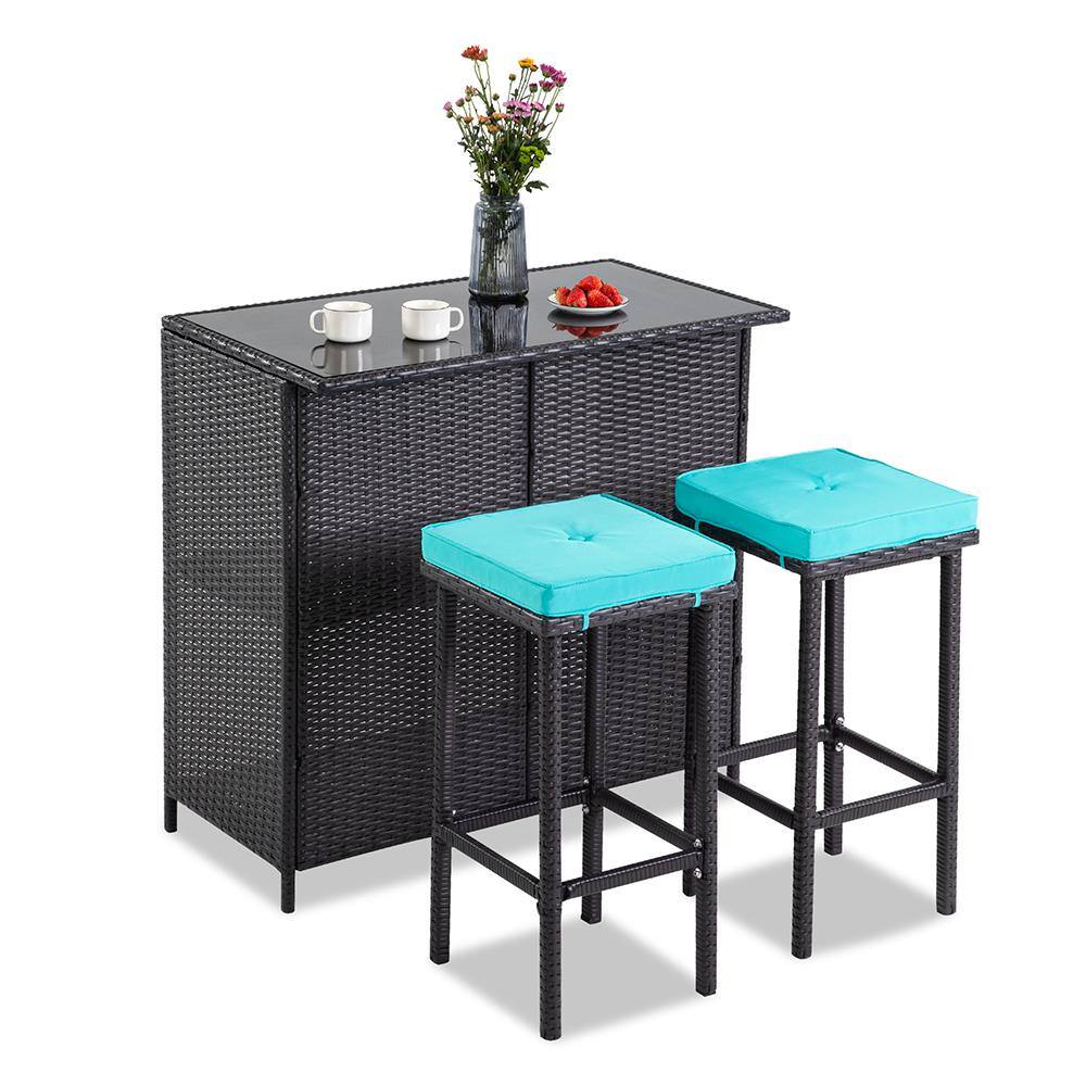 SUNRINX 3Piece Wicker Outdoor Serving Bar Set with Blue Cushions