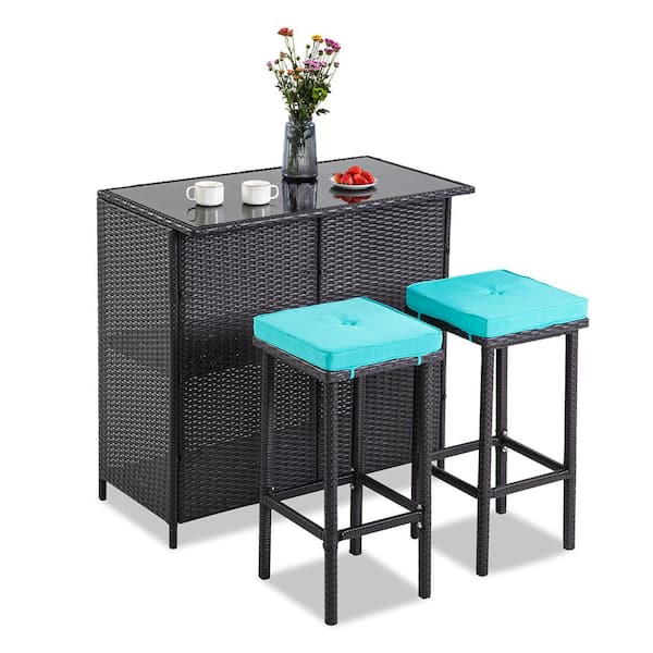 SUNRINX 3-Piece Wicker Outdoor Serving Bar Set with Blue Cushions