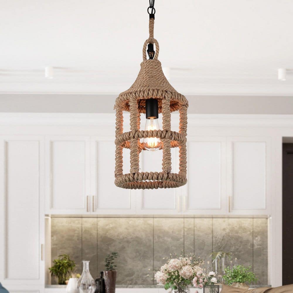 Rustic Padma Black Steel Mini Pendant with Brown Rope Accent