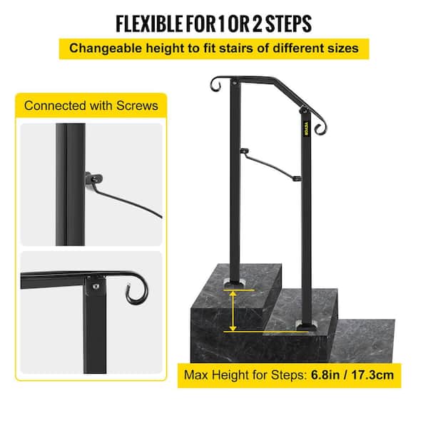 VEVOR 1 ft. Wrought Iron Handrail Fit 1 or 2 Steps Handrails for Outdoor Steps Flexible Porch Railing, Black