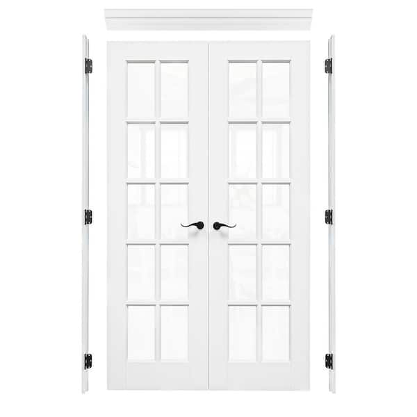 48 in. x 80 in. Universal Handed 10-Lite Clear Glass White Solid Core Wood French Door with Quick Assemble Jamb