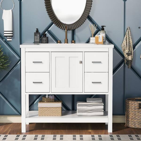 Zeus & Ruta 36 in. W x 18 in. D x 34 in. H Freestanding Bath Vanity in White with White Single Sink, 3-Drawers, and 1-Door