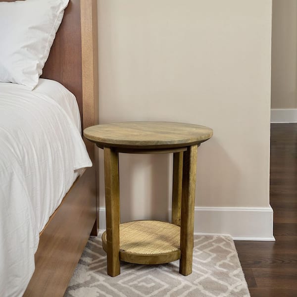 Haven 20 in. Blonde Acacia Round Wood End Table with Cane Shelf