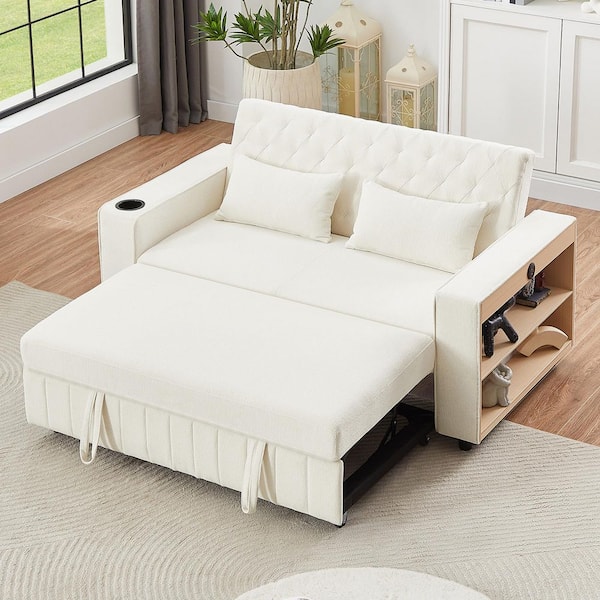 Beige 61.4 in. Pull-out Sofa Bed Convertible Couch Loveseat Sofa Modern Sleeper Sofa with Adjustable Backrest