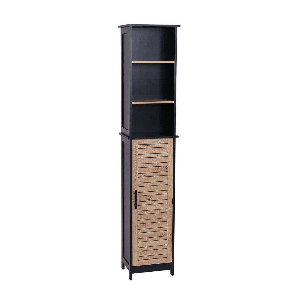 Bergen 13.14 in. W x 10.4 in. D x 68 in. H Black-Brown MDF Linen Cabinet Free Standing 6 Shelves 1 Door
