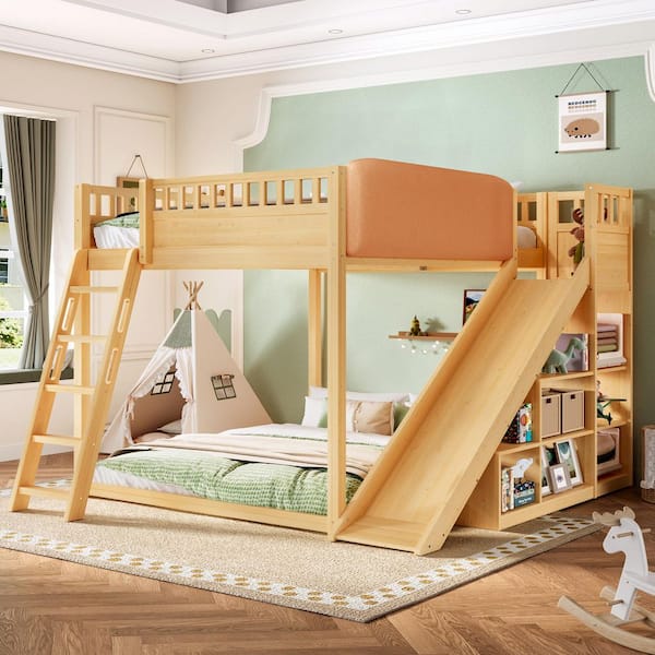 Natural Queen Loft Bed with Upholstered Headboard and Storage Shelves,Ladder and Slide