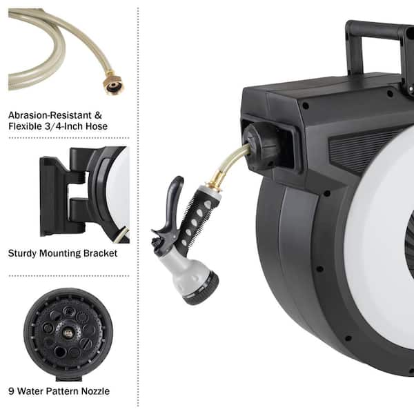 VEVOR Retractable Hose Reel, 84 ft x 5/8 inch, 180° Swivel Bracket  Wall-Mounted, Garden Water Hose Reel with 9-Pattern Nozzle, Automatic  Rewind, Lock at Any Length, and Slow Return System : : Patio, Lawn  & Garden