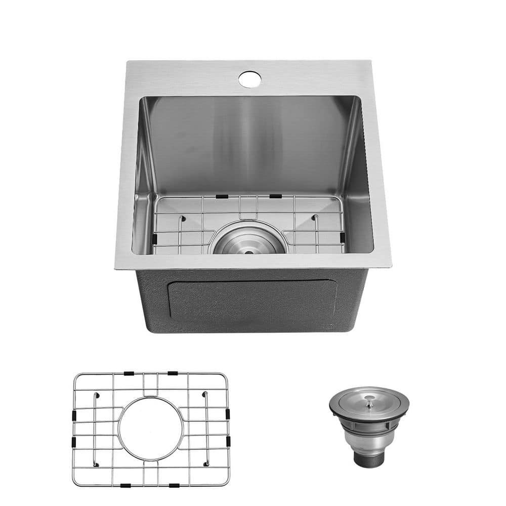 15 in. Drop in Single Bowl 20-Gauge Brushed Nickel Stainless Steel Kitchen Sink with Bottom Grids -  Qidian, LI110-01N-SS