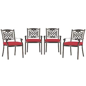 Set of 4-Cast Aluminum Outdoor Flower-Shaped Backrest Dining Chair with Red Cushions