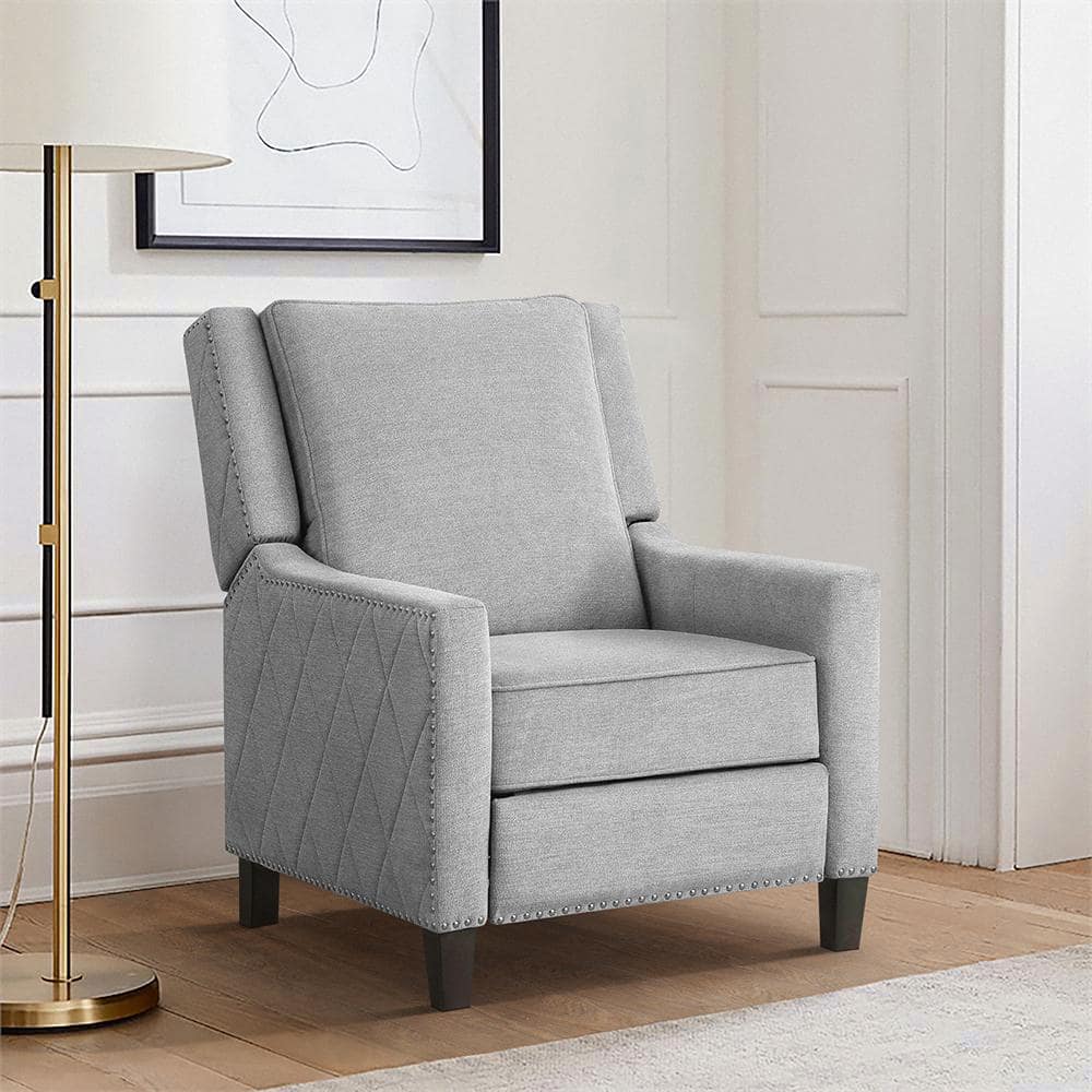 Gray Fabric Upholstered Push Back Recliner with Nailhead Trim