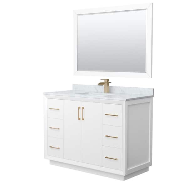 Wyndham Collection Strada 48 in. W x 22 in. D x 35 in. H Single Bath Vanity in White with White Carrara Marble Top and 46 in. Mirror