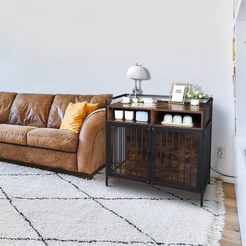 38.6" Rustic Brown Metal and MDF Dog Cage with Storage