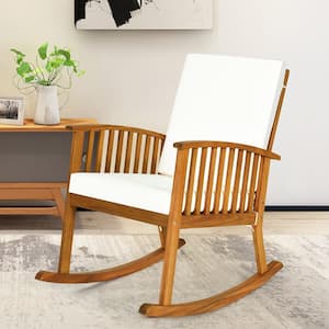 Natural Teak Acacia Wood Outdoor Rocking Chair with White Cushions