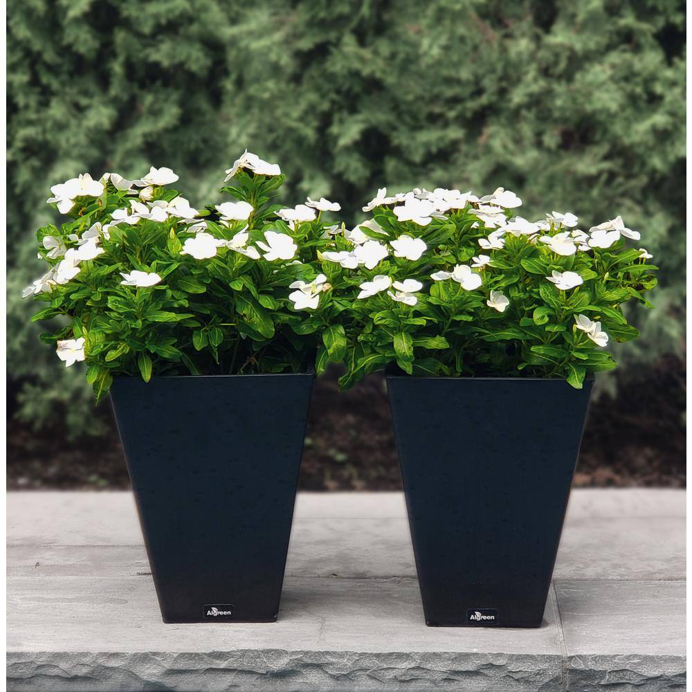 Valencia Black Composite Resin Square Planters with Watering Trays, 13-Inch, Set of 2