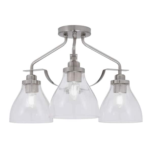 Unbranded Zara 16.75 in. 3-Light Brushed Nickel Semi-Flush with 6.25 in. Clear Bubble Glass Shades No Bulbs Included