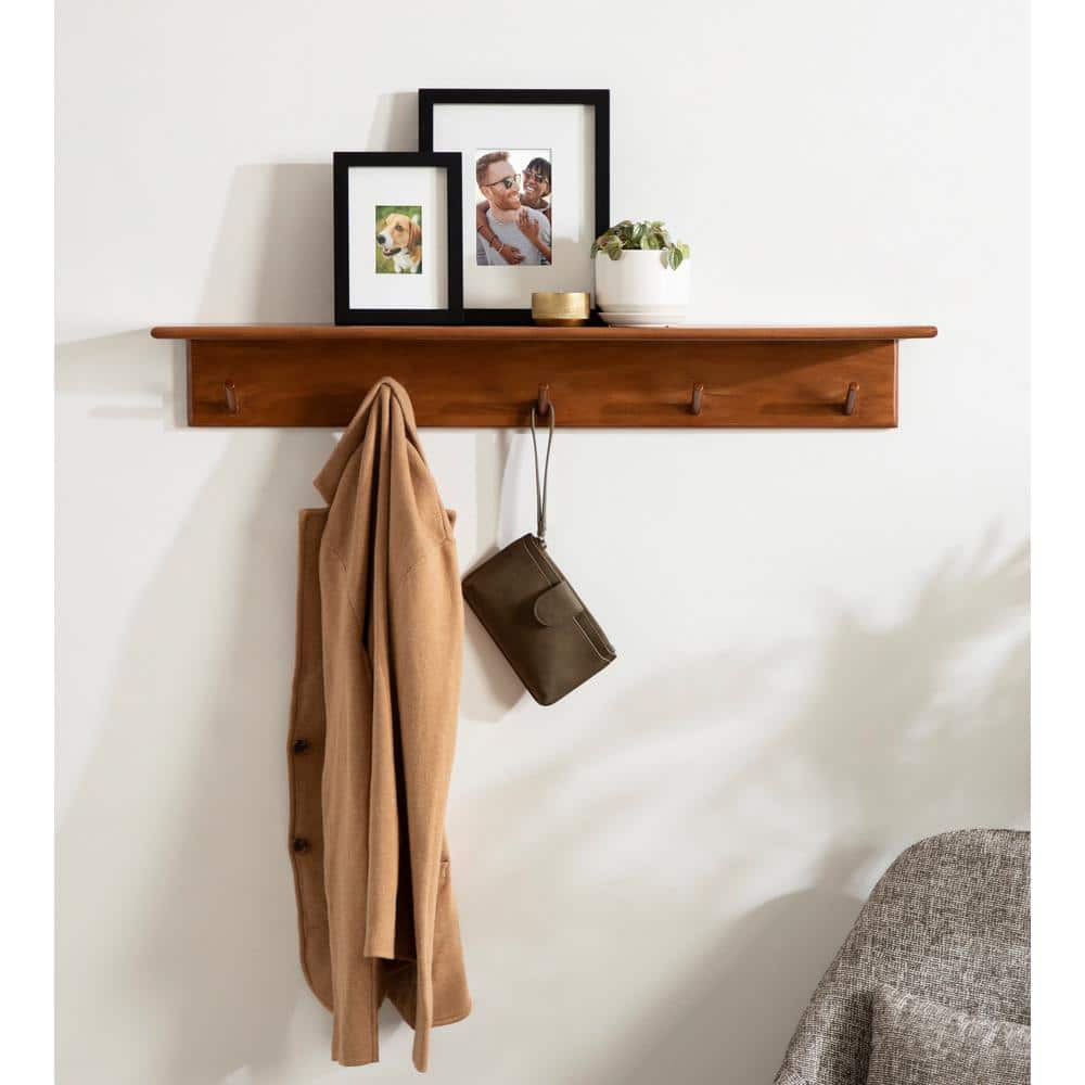 Walnut Brown 36" Floating Wood Shelf with Hooks