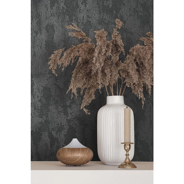 City Romance Collection Black Shimmer Aged Plaster Shimmer Finish Vinyl on Non-Woven Non-Pasted Wallpaper Roll