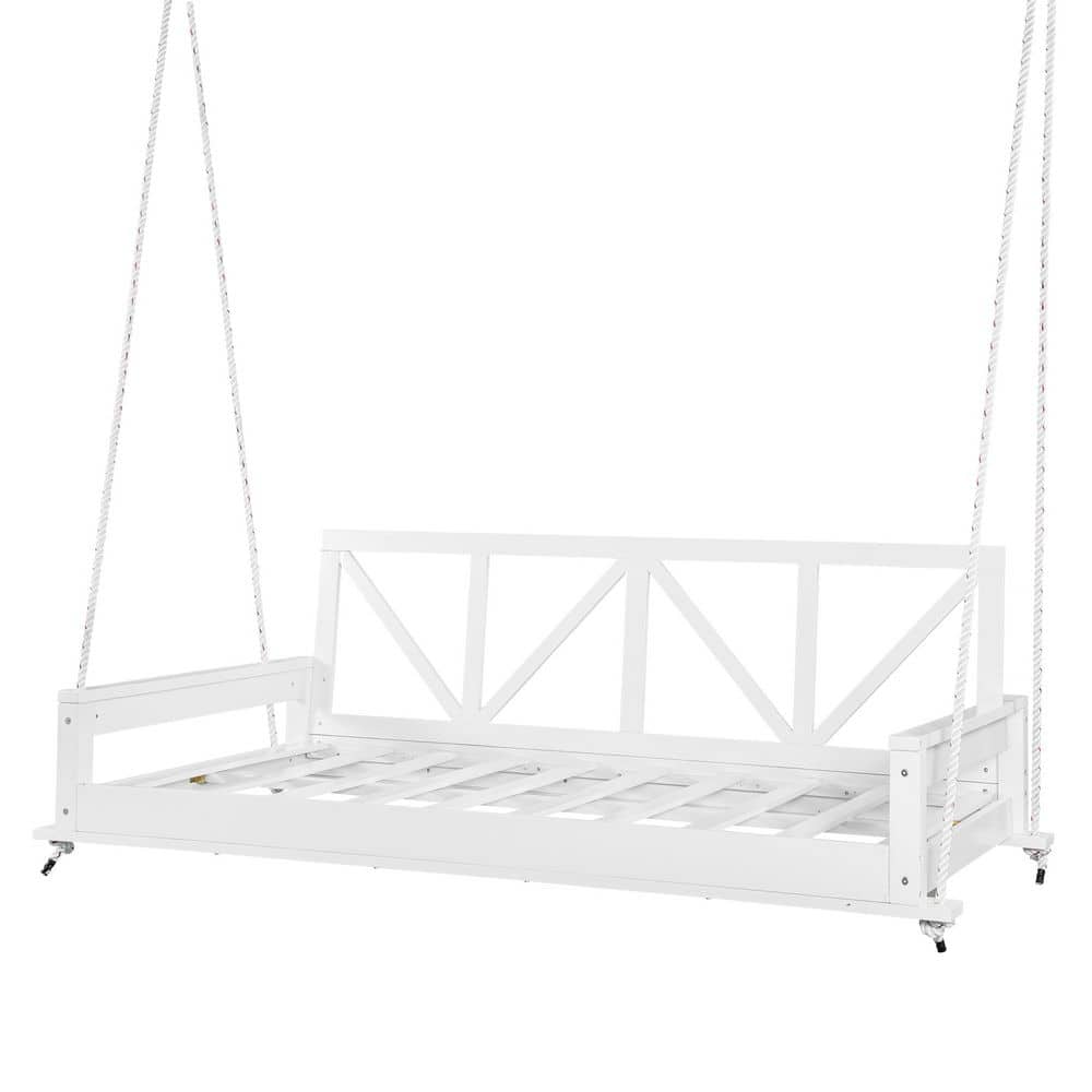 85.4 in. 3-Person Wood Porch Patio Swing Bed with 16.4 ft. Hemp Ropes in Wh