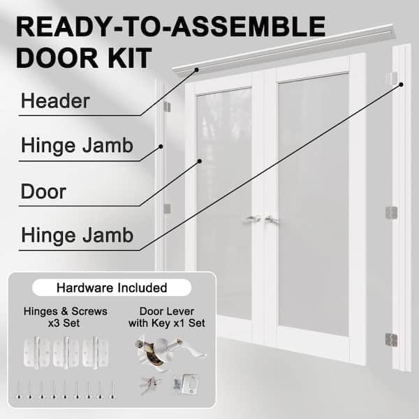60 in. x 80 in. Universal Handed 1-Lite Frosted Glass White Solid Core MDF French Door with Quick Assemble Jamb