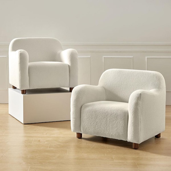 JAYDEN CREATION William Modern Ivory 35 in. Wide Boucle Upholstered Armchair with Solid Wood Legs Set of 2