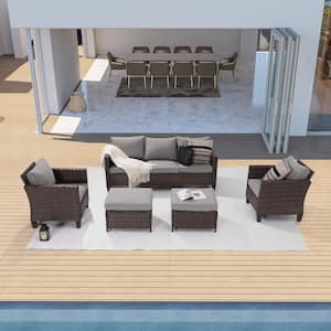 5-Piece Outdoor Furniture Set, All-Weather PE Brown Rattan Wicker Movable Sofa Sets, Soft Cushions, Linen Grey
