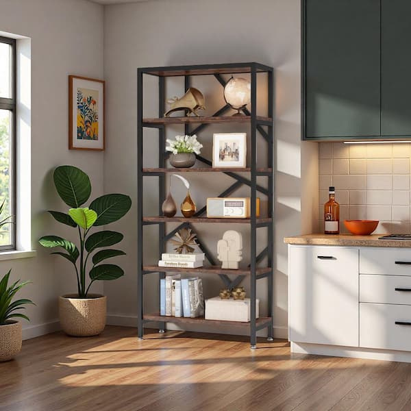 71 in. Industrial Wood 6 Shelf Etagere Bookcase, Free Standing Open Storage Display Shelf for Home Office Living Room