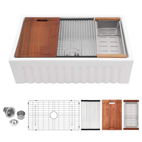 30 x 20 in. Farmhouse Apron-Front Workstation Kitchen Sink Single Bowl White Fireclay Sink With Accessories