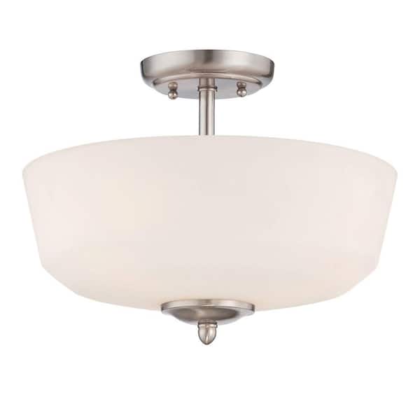Darcy 14.5 in. 3-Light Brushed Nickel Transitional Entryway Semi-Flush Mount with White Opal Glass Shade